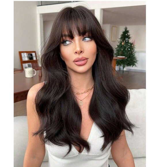 Chocolate Brown Wavy Wig with bangs  Natural Luxury look - Picture 1 of 15